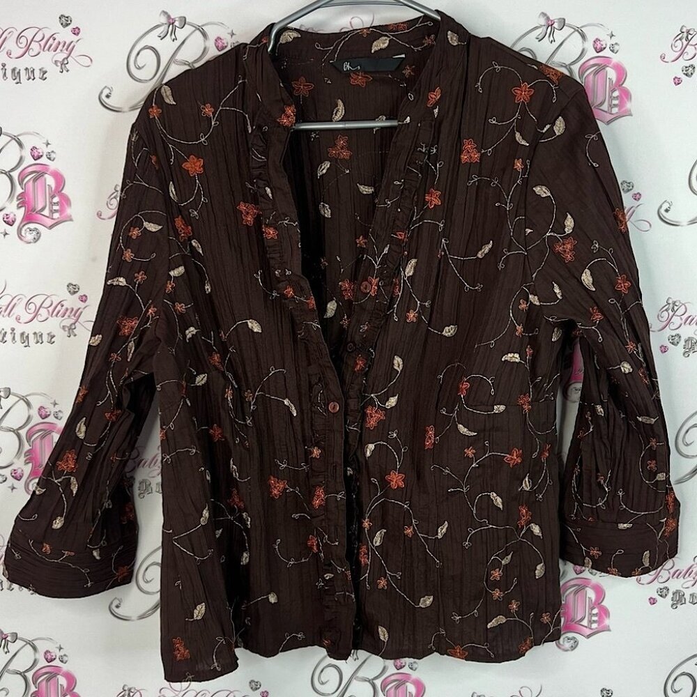 BHS blouse long sleeve embroidered flowers floral Chic Floral Brown Blouse